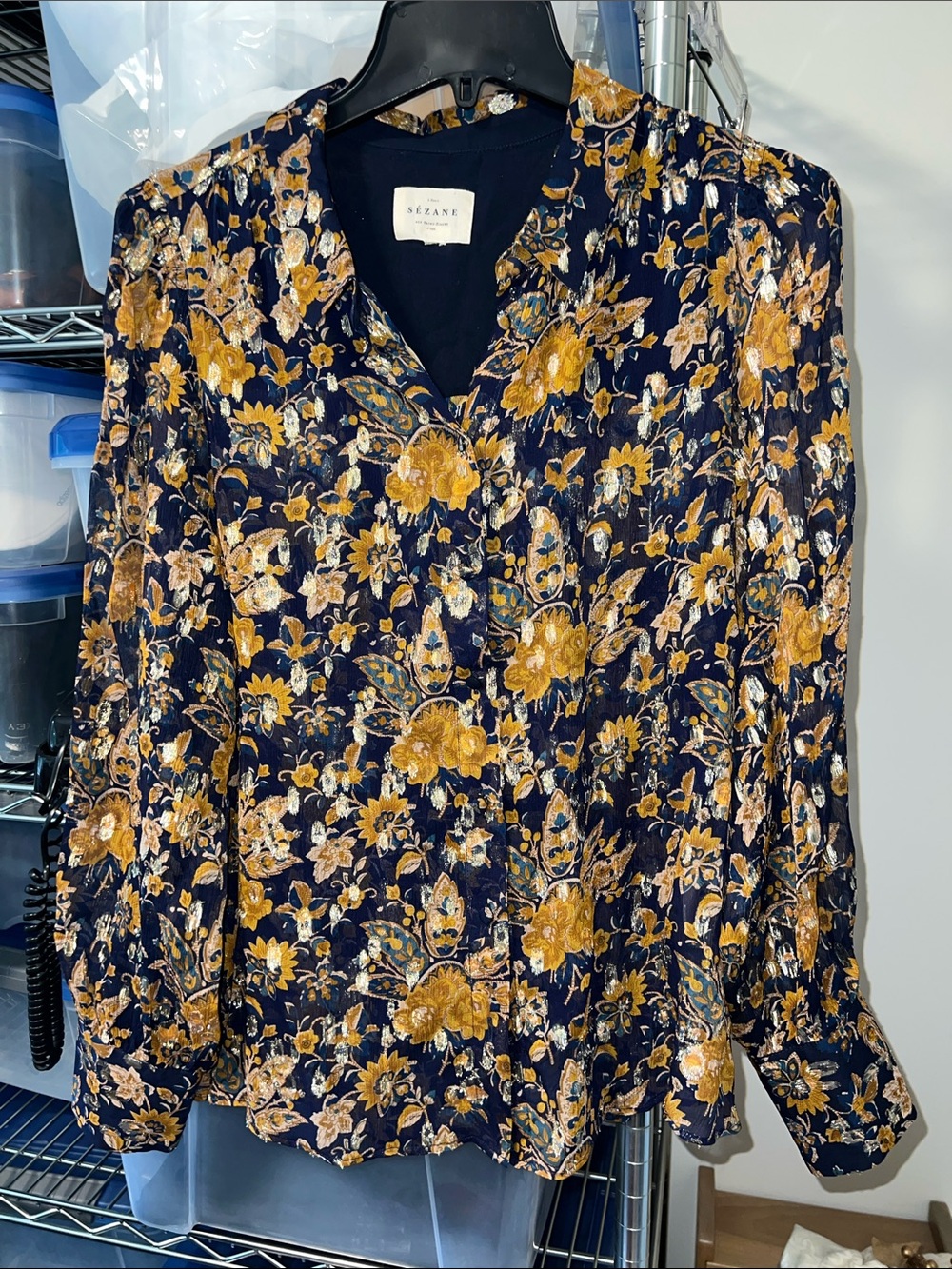 Sezane 🇫🇷 Tianna Blouse in Doha Ochre Silk Metallic Floral Size 40 / US 8